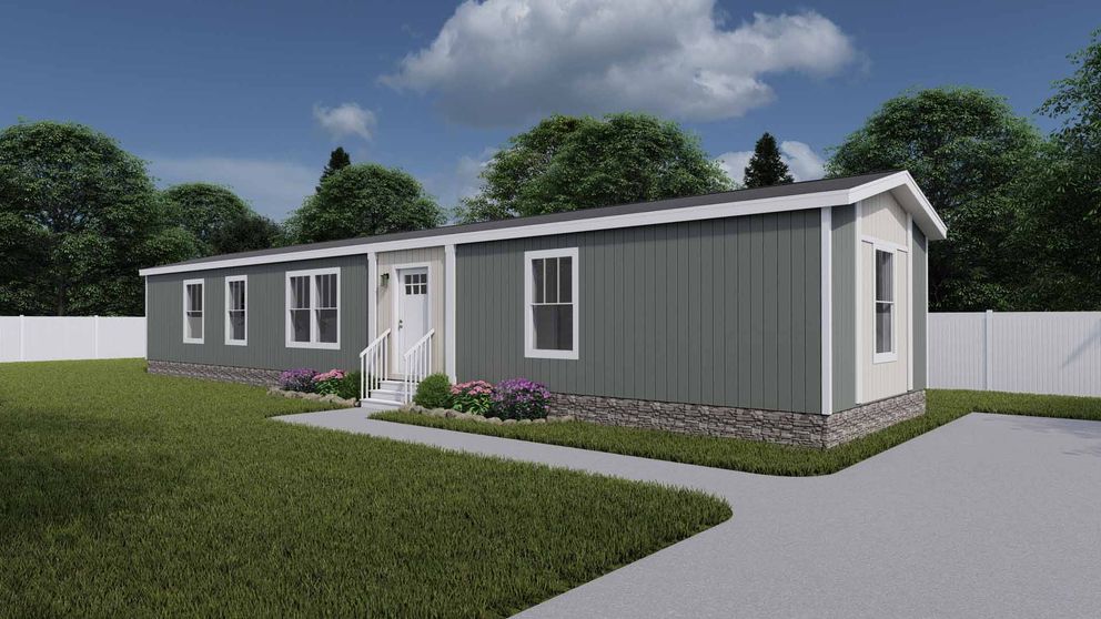 Rendering of a sage-green Tempo manufactured home with a front porch and landscaped yard